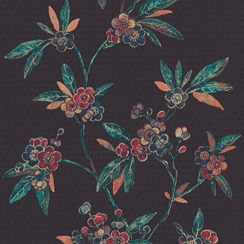Papier peint japonais fleuri fond noir | Tapisserie fleuri multicolore & noir pour salon | Papier peint orange vert & noir pour couloir