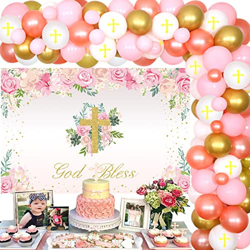 Taufe Party Dekorationen für Mädchen, Rosa und Weiß Ballon Girlande Kit Erstkommunion Konfirmation Taufe Dekorationen - Gott Segen Hintergrund Kreuz Luftballons für Taufe
