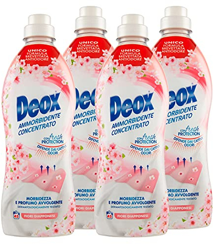 Deox - Weichspüler in der Waschmaschine, konzentriert, weich und duftend, mit Fresh-Protection-Technologie, Duft japanische Blumen, 45 Waschgänge x 4 Packungen