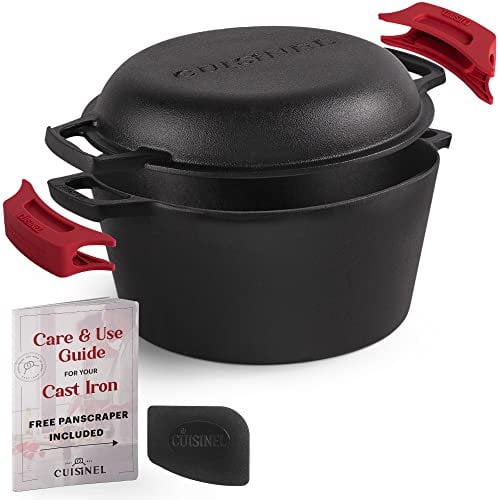 Cuisinel Schmortopf aus Gusseisen – 5 Quart Tiefer Topf – Preseasoned 2-in-1 Multi-Kocher – Kombi-Deckel dient auch als 25,4 cm Bratpfanne + Silikon-Griffabdeckungen + Schaber – Brot-Kochgeschirr für
