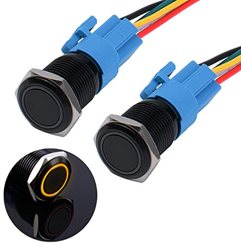JIQI 2× 16mm Momentan wasserdicht Druckschalter 12V bis 24V 3A EIN/AUS Taste Schalter mit LED Beleuchtung Schwarzes Metallgehäuse IP66 1NO1NC vorverdrahte Momentary Drucktaster für KFZ DIY Auto(Gelb)