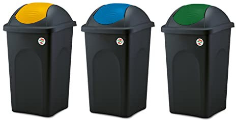 Kreher 3 Stück Abfalleimer 60 Liter mit Schwingdeckel in verschiedenen Farben für optimale Mülltrennung (Grün, Gelb und Blau). Abwaschbar und leicht zu reinigen!