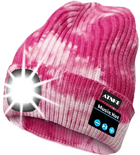 ATNKE LED beleuchtete Bluetooth Beanie Kappe, wiederaufladbare USB-Musikalische Laufmütze mit extrem hellem 4 LED Licht wasserdichte Lampe für das Skifahren (Einheitsgröße, Tie Dye Rosa)