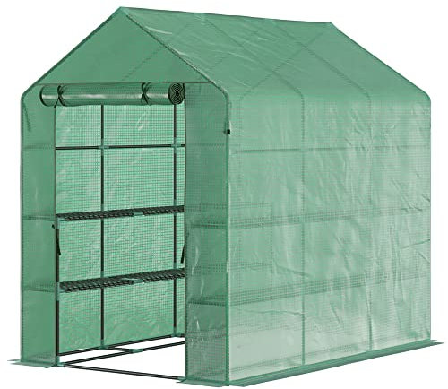 Outsunny Foliengewächshaus begehbares Gewächshaus mit 8 Regalebenen Tomatengewächshaus Treibhaus Frühbeet mit Tür Grün Stahl PE-Kunststoff 214 x 143 x 195 cm