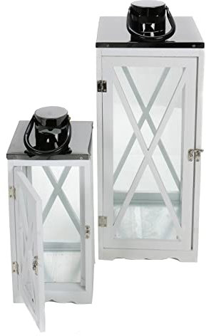 Bubble-Store 2 weiße dekorative Laternen mit Metalldach und Tür, große Gartenlaterne Höhe 52 cm kleine Holzlaterne Höhe 35,5 cm, Deko Laterne für Stumpenkerzen