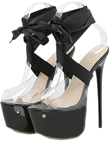 PAXAS Sexy rote Oberschenkelhohe Schnürung Plateau-Sandalen Damen 16,5 cm transparente Schuhe Stiletto offene Zehen High Heels - Schwarz, 38
