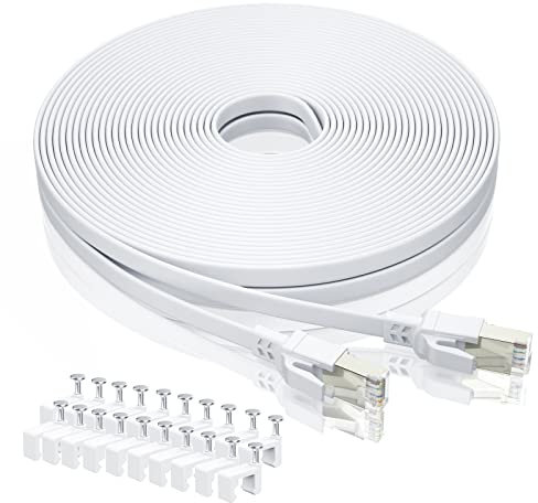 BAHIWOM Cat8 Ethernet-Kabel 15m mit Clips, 40 Gbit/s 2000 MHz Cat 8 Lan Kabel-Netzwerkkabel Gigabit RJ45 Patchkabel, Flach Internetkabel Kompatibel mit Router, mit Modem, mit PC, mit Laptop - Weiß