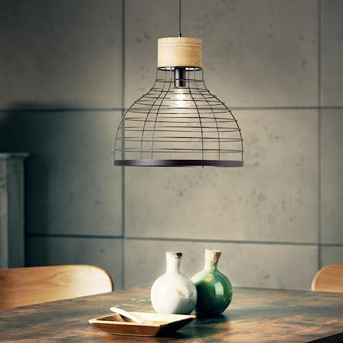 Lightbox Hängelampe - dekorative Pendelleuchte mit kürzbarem Kabel - 135 cm Höhe - Ø 47 cm - E27 Fassung - max. 52 W - aus Metall/Holz - in Schwarz/Braun