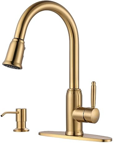 WOWOW - Grifo de cocina dorado con dispensador de jabón, grifo de cocina de acero inoxidable para fregadero de 2 o 4 agujeros, grifo de fregadero de cocina vintage de arco alto con rociador