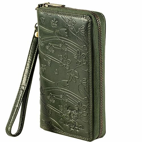 MATADOR XL Karten Portemonnaie Geldbeutel Damen Leder Groß #Cadiz mit edler Geschenk Box, Portmonee Geldbörse Damen Gross mit RFID Blocker, Geldtasche Brieftasche, Damenportemonnaie Blumen Grün