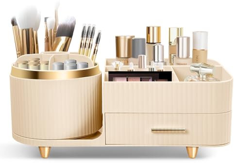 Cinnani Organizador de Cosméticos de Maquillaje, Almacenamiento de Cosméticos Multifuncional Giratorio de 360°,Organizador de Belleza para Tocador,Baño y Dormitorio,Con cajón multifuncional (Beige)