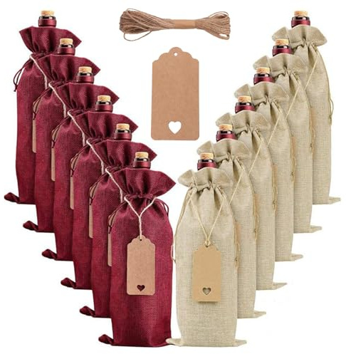 Dulamet Geschenktüten Flaschen, 12 Stück hochwertige Jute Weinbeutel und Geschenkanhänger, Wiederverwendbare Sackleinen Wein-Geschenkbeutel, Weinbeutel für Hochzeit, Party, Blindverkostung