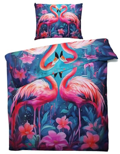 QEODAH Winter Bettwäsche 135x200 Flamingo - Tropische Flamingo Bettbezug 135 x 200 2er Set - Wendebettwäsche & Kissenbezug - Weiche Mikrofaser Bettwäsche-Sets mit Reißverschluss