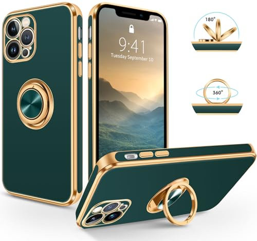 SouliGo iPhone 13 Pro Max Case, iPhone 13 Pro Max Phone Case 360° Ring Holder Kickstand for Magnetic Car Mount Slim Luxury Bling Plating Soft TPU Anti-Scratch Protective Cover, Midnight Green