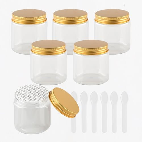 PQPAUTY 6 Pièces Vides Petit 250 ml Transparent Cosmétique Pot en Plastique avec Couvercle Or 250 g Pots de Cosmétique Crème de Bouteille Contenant avec 6x Spatules