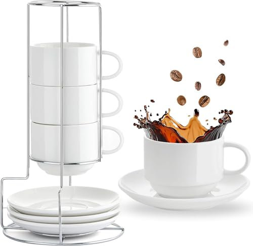 Mfacoy Lot de 4 tasses à expresso en porcelaine avec soucoupes et support en métal de 237 ml, petites tasses à café à cappuccino, demi-tasses empilables pour café, cappuccino, latte, americano et thé