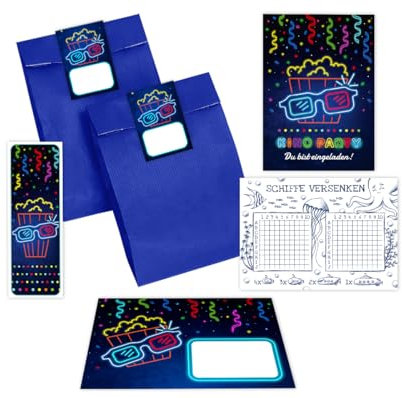 Minkocards 12 Einladungskarten zum Kindergeburtstag Kino Mädchen Jungen Jungsgeburtstag Mädchengeburtstag incl. 12 Umschläge, 12 Partytüten/blau, 12 Aufkleber, 12 Lesezeichen, 12 Schiffe versenken