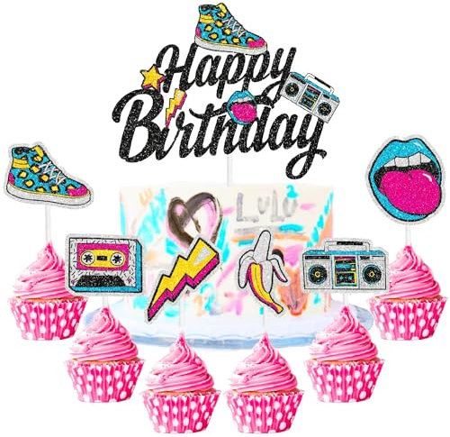 Cake Topper Set of 7 Retro Rock Themed Happy Birthday Radio, Decoration Supplies for Boys and Girls Rock Birthday Parties, Baby Showers and Kids 80s, 90s Retro Themed Parties. SugarGera