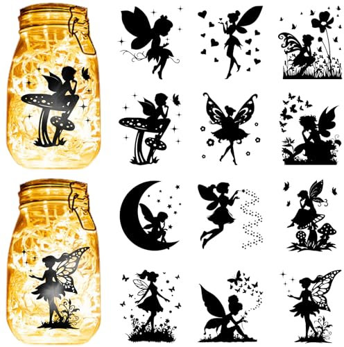 CREATCABIN 12 Stück Feen-Silhouetten Für Einmachgläser,PVC,Lasergestanzt,Scrapbook-Feen,Pappausschnitte,Silhouette-Ornament Für DIY-Licht,Lampe,Glas,Dekorationszubehör,Schwarz,10x9cm,Ohne Aufkleber