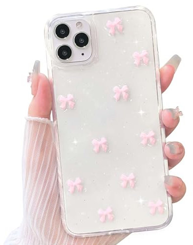 NITITOP Compatible with iPhone 11 Pro Case Clear Cute Sparkly 3D Bow Bling Glitter Bowknot for Women Girls Ultra Slim Anti-Yellow Protective Phone Cover - Pink Bow