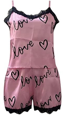 Pigiama Donna Cotone Leggero Set di Vestiti per la casa con Reggicalze in sminuzzata di Ghiaccio da Donna Set Pigiama Stampato con Morbido Set Pigiami Estivi Donna Inter Pigiama Adulto (Pink, M)