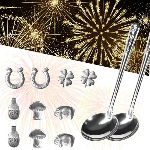 UIKTSSL 10pcs Zinngießset Zinngiessen Löffel und Figuren，mit & Löffel & Orakelheft mit Deutungen - Silvester Party