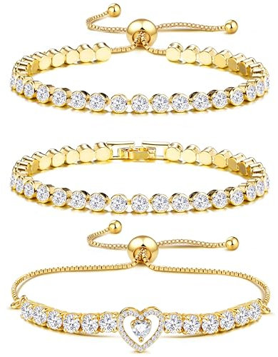 JeweBella 3 Stück Armband Damen Gold Silber Glitzer Tennis Armband Diamant Zirkonia Verstellbare Armband Stapel Tennis Armbänder Set