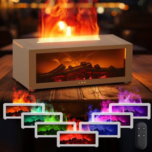 Aroma Diffuser mit LED Kamin, Duftöl Diffuser flammeneffekt mit Fernbedienung, 150ml Diffusor für Ätherische Öle mit 7-Farben-Licht Flammeneffekt, Luftbefeuchter mit Wasserlose Abschaltautomatik,Weiß