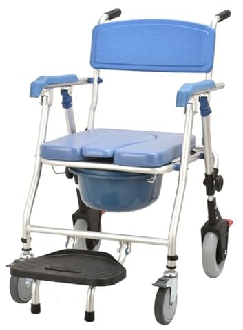 Chaise Percee Toilettes Pliante, Chaise De Douche À roulettes, Chaise Roulante Handicapé, Fauteuil De Douche avec Accoudoirs Et Repose-Pieds Pliable pour Personnes Âgées, Bleu