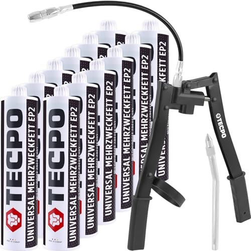 TECPO 12x Universal Mehrzweckfett 500g EP2 Lithium Schmierfett universell einsetzbares Langzeitfett temperaturbeständiges Gleit- Wälzlager Lithiumfett, wasserbeständig, mit Zweihand-Kartuschen-Presse