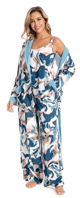 Nutria Pyjama long 3 pièces pour femme - Ensemble de pyjama d'été à bretelles - Haut et pantalon large - Pjs D08