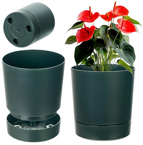 KADAX Blumentopf mit Untersetzer, Durchmesser 20cm, Übertopf aus Kunststoff für Innen, Pflanztopf mit Matter Oberfläche für Zimmerpflanzen (Dunkelgrün)