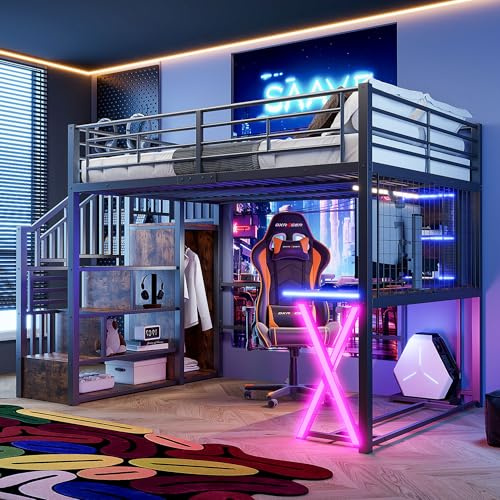 HOXINBLY Letto a Soppalco 90x200 cm con LED e Armadietto Aperto per Bambini e Adulti, Letto Singolo con Scrivania e Scala e Ringhiere in Metallo