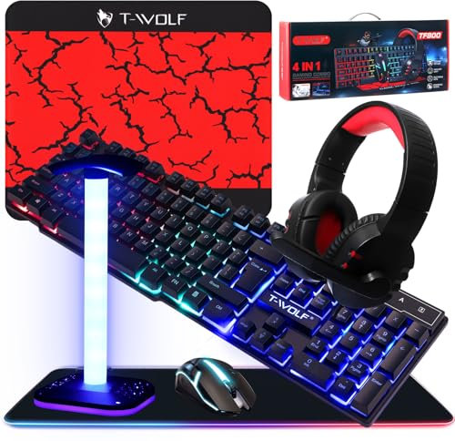 Vinsot 6-in-1-Gaming-Zubehör-Set – inklusive Tastatur, Maus, Mauspad, Headset, LED-XL-Mauspad, leuchtender Kopfhörer-Ständer, Hintergrundbeleuchtung, PC-Gaming-Set für PC, Anfänger, Gamer