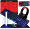 Vinsot 6-in-1-Gaming-Zubehör-Set – inklusive Tastatur, Maus, Mauspad, Headset, LED-XL-Mauspad, leuchtender Kopfhörer-Ständer, Hintergrundbeleuchtung, PC-Gaming-Set für PC, Anfänger, Gamer