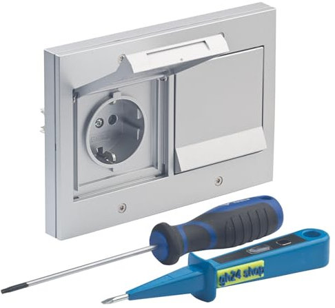 Design Außensteckdose Gira TX_44 2-fach Doppelsteckdose mit Rahmen, Dichtungsflansch und Montageset Farbe alu Steckdosen