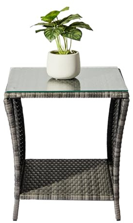 Bonnlo Table d'appoint en Rotin Petite Table avec Surface en Verre Transparent et Cadre en Fer Salon de Jardin intérieur et extérieur pour Balcon Terrasse Gris dégradé 46 x 46 x 49.5 cm