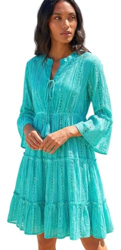 Roman Originals Smock Dress for Women UK Ladies Cotton Summer Embroidered Frilled Tiered Casual Beach Cruise Holiday Cocktail Party 3/4 Sleeve Pull On Gathered Skirt Turqouise