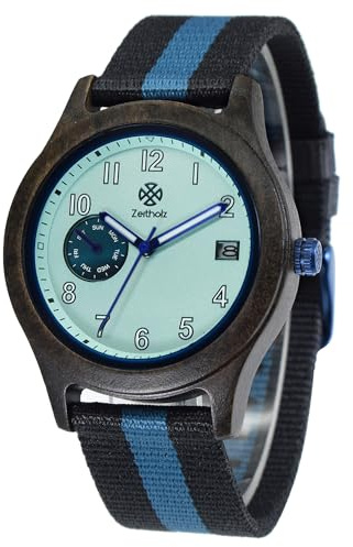 Zeitholz Thum Holzuhr für Herren – Holzgehäuse 40 mm – Monatskalender – leuchtende Zeiger – leichte ökologische Uhr mit Stoffband 20 mm