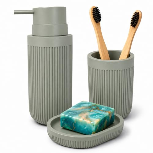 Relaxdays Bathroom Accessories, 3-piece set, soap dish, soap dispenser, toothbrush mug, polyresin, light grey