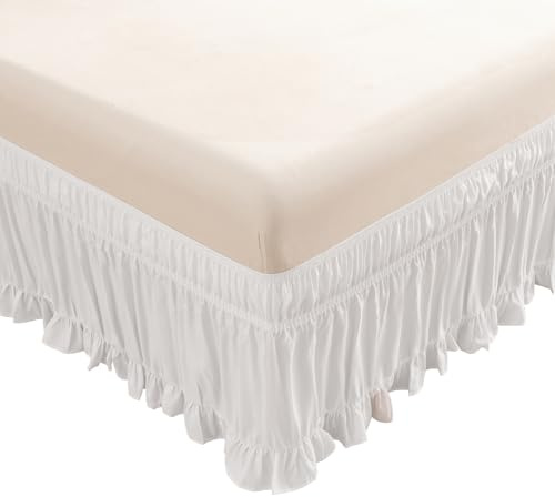 ACESOME Cache-sommier 137 x 190 cm - Jupe de lit à enrouler - Jupe de lit solide à volants - Élastique avec hauteur de 38 cm - En fibre de polyester (blanc, 137 x 190 cm)