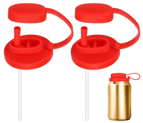 sourcing map 2 Pcs Soda Can Lids with Straw Silicone Spill-Proof & Airtight Seal Energy Drink Can Covers Reusable for Standard Size Beer Beverage Juice Seltzer, Red
