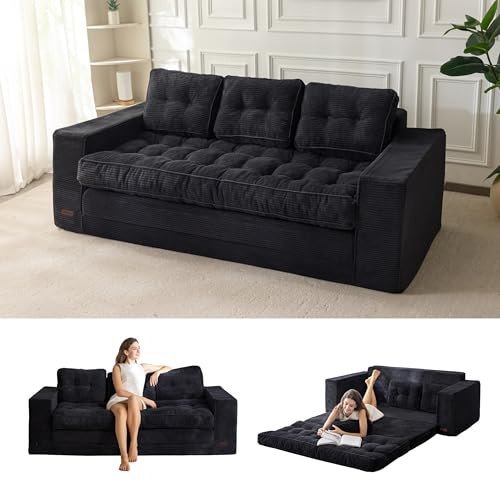 MAXYOYO Bodensofa Schlafsofa 190cm Breit mit Kissen, 2-in-1 Klappbar Cord Sofa 3 Sitzer mit Schlaffunktion, Liegefläche 101x196CM für Wohnzimmer, Schlafzimmer, Lounge | Ausziehbares Schlafsofa mit 2 Kissen, bequemes 2-in-1-Schlafsofa 3-Sitzer, 190x85 cm, 15cm dicke Matratze für das Wohnzimmer