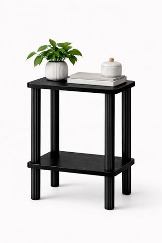 Retrograde Nightstand Side Table with Fluted Legs and Real Wood, for Night Stand, End Tables Living Room, Plant Stand Indoor, Nursery, Narrow Furniture, 2-Tiers, Easy Assembly, Black (Black)