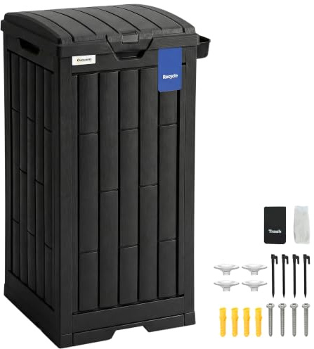 Outsunny 110 L Large Outdoor Bin Waterproof Plastic Dustbin Dual Lid Black | Removable Drip Tray, Side Ashtray, Garden Waste Trash Bin, for Patio Terrace