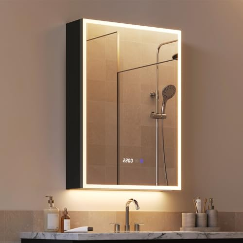 WOLTU Spiegelschrank mit Beleuchtung, Entfogging-Funktion, 14,5x50x70 cm | Badezimmerschrank, Wandschrank, Vergrößerungsspiegel, Steckdosenleiste und verstellbaren Ablagen, Aluminium Schwarz