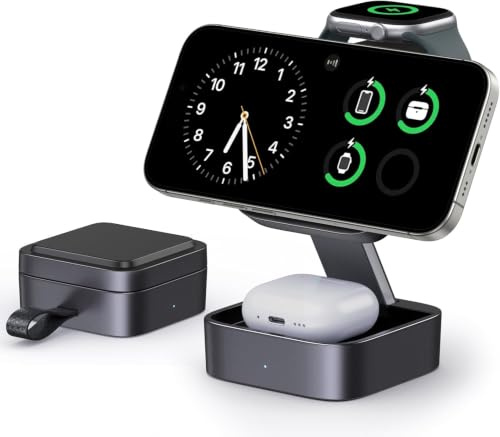 Keepro 3 in 1 Wireless Charging Station for iPhone, Magnetic Portable Wireless Charger Stand for iPhone Air/17e/17/16/15/14/13/12, Pro 3 2 Apple Watch (Adapter Included)-Black