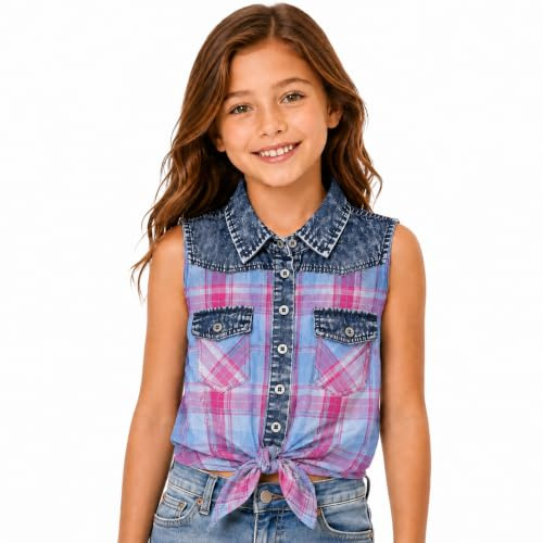 Bienzoe Western Plaid Girls Shirt: Sleeveless Button Down | For girls who love cowgirl style, rodeo days, country concerts, summer comfort, family photos, horse shows, outdoor fun