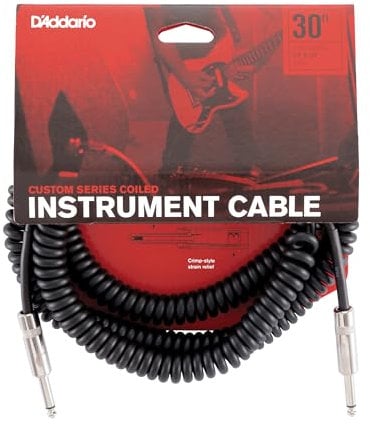 D’Addario Accessories Custom Series Coiled Guitar Cable - Coiled Instrument Cable with Nickel Plated ¼ Inch Ends - Warm, Vintage Look & Tone - 30ft (10ft Coiled) - Black