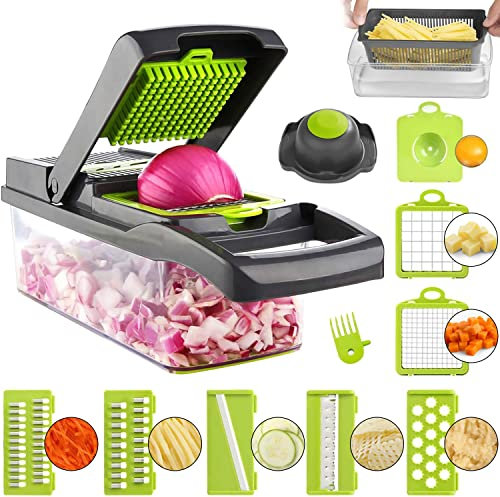 ADOV Vegetable Chopper, Multi-Function Kitchen Mandoline Slicer, 7 Replaceable Stainless Steel Vegetable Cutter with Egg Divider, Safety Guard, Julienne Grater for Onion Potato Fruits - Grey